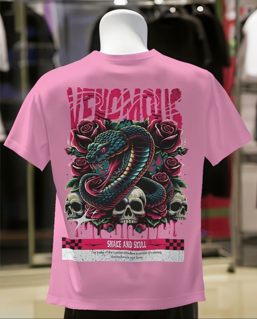 Luvoux: Venomous Snake & Skull Graphic down shoulder t-shirt for unisex & 100% cotton