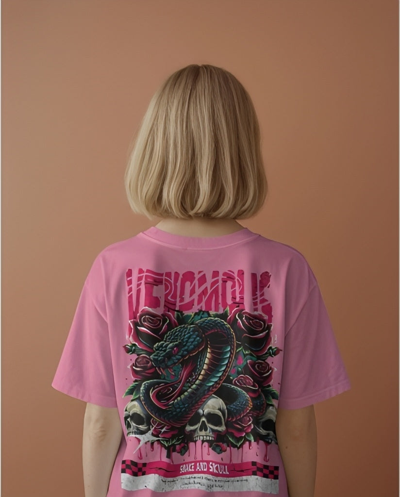 Luvoux: Venomous Snake & Skull Graphic down shoulder t-shirt for unisex & 100% cotton