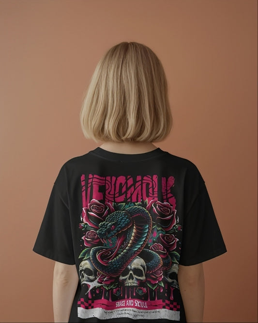 Luvoux: Venomous Snake & Skull Graphic   down shoulder t-shirt for unisex & 100% cotton