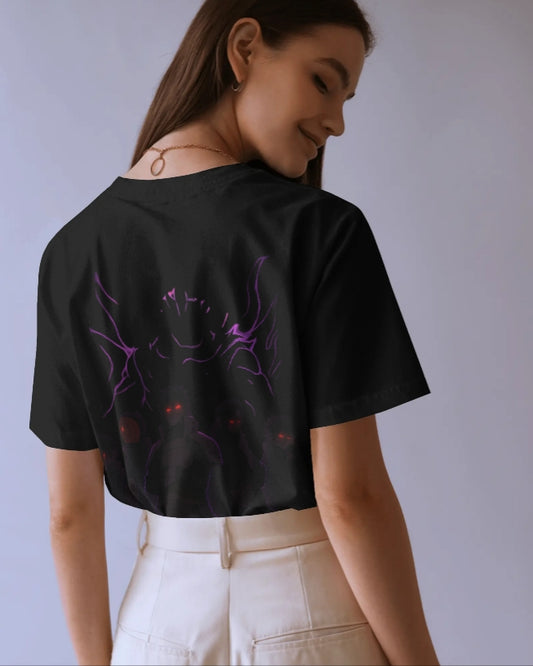 Luvoux: unleshed Dark AuraDown shoulder T-shirt– Shadow Warriors for unisex & 100% cotton