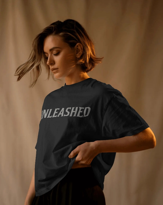 Luvoux: unleshed Dark AuraDown shoulder T-shirt– Shadow Warriors for unisex & 100% cotton