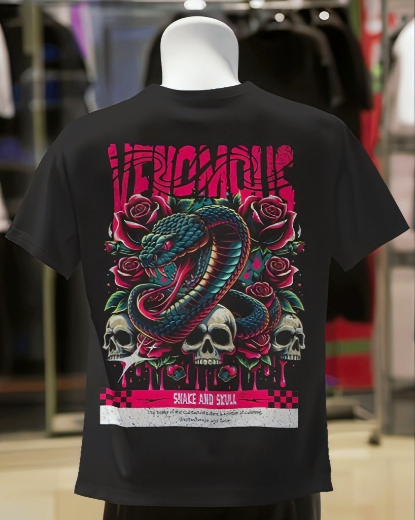 Luvoux: Venomous Snake & Skull Graphic   down shoulder t-shirt for unisex & 100% cotton