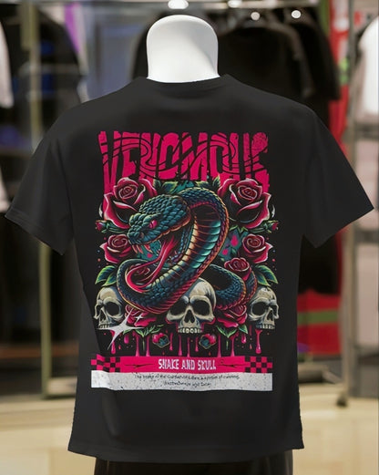 Luvoux: Venomous Snake & Skull Graphic   down shoulder t-shirt for unisex & 100% cotton