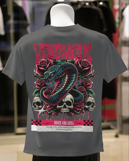 Luvoux: Venomous Snake & Skull Graphic   down shoulder t-shirt for unisex & 100% cotton