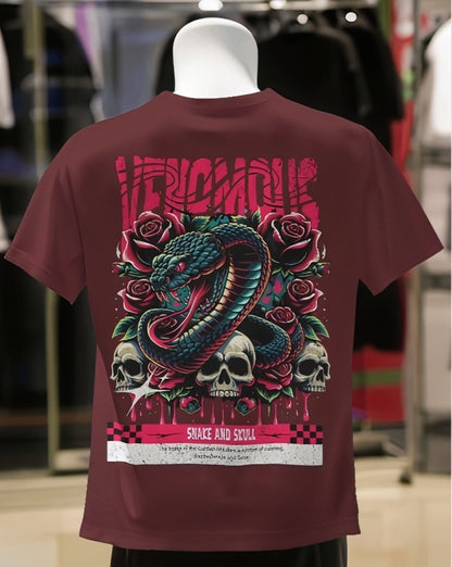Luvoux: Venomous Snake & Skull Graphic   down shoulder t-shirt for unisex & 100% cotton