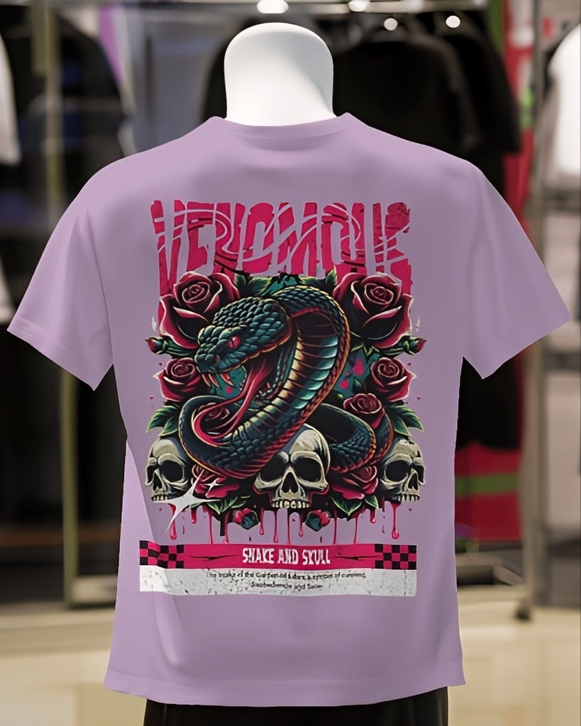 Luvoux: Venomous Snake & Skull Graphic   down shoulder t-shirt for unisex & 100% cotton