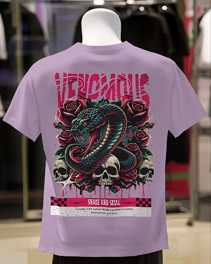 Luvoux: Venomous Snake & Skull Graphic   down shoulder t-shirt for unisex & 100% cotton