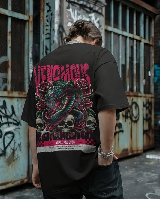 Luvoux: Venomous Snake & Skull Graphic   down shoulder t-shirt for unisex & 100% cotton