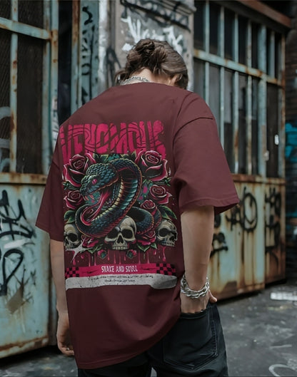 Luvoux: Venomous Snake & Skull Graphic   down shoulder t-shirt for unisex & 100% cotton