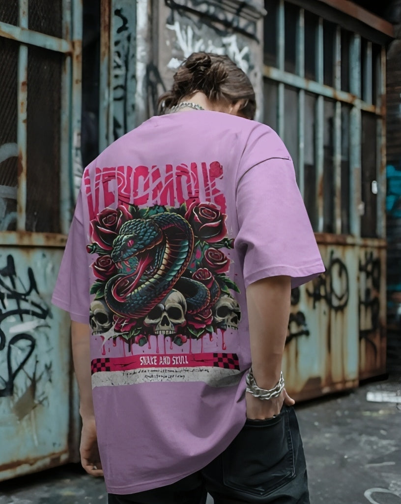 Luvoux: Venomous Snake & Skull Graphic   down shoulder t-shirt for unisex & 100% cotton