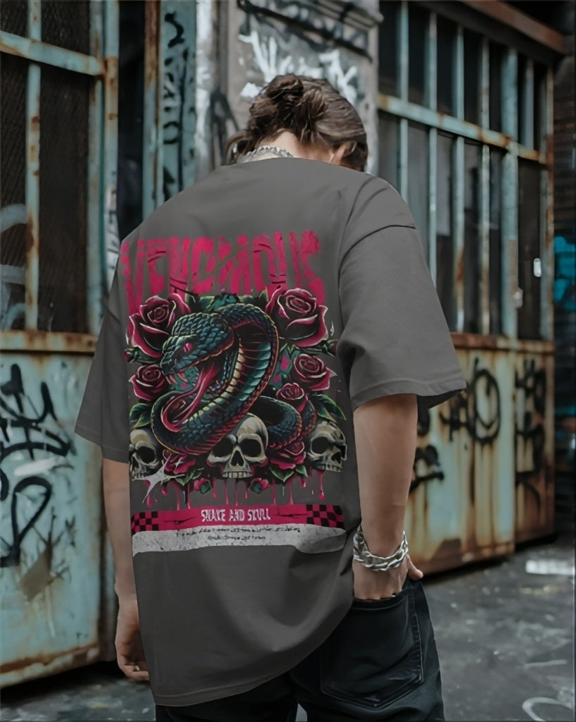 Luvoux: Venomous Snake & Skull Graphic   down shoulder t-shirt for unisex & 100% cotton