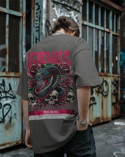 Luvoux: Venomous Snake & Skull Graphic   down shoulder t-shirt for unisex & 100% cotton