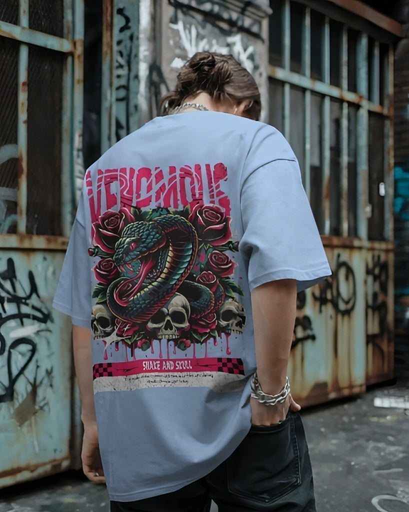 Luvoux: Venomous Snake & Skull Graphic   down shoulder t-shirt for unisex & 100% cotton