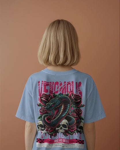 Luvoux: Venomous Snake & Skull Graphic   down shoulder t-shirt for unisex & 100% cotton