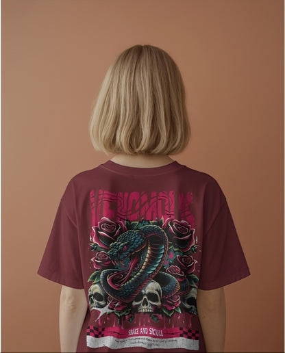 Luvoux: Venomous Snake & Skull Graphic   down shoulder t-shirt for unisex & 100% cotton