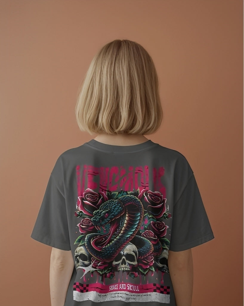 Luvoux: Venomous Snake & Skull Graphic   down shoulder t-shirt for unisex & 100% cotton