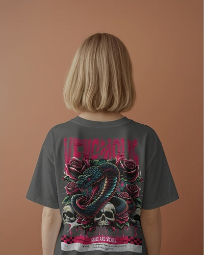 Luvoux: Venomous Snake & Skull Graphic   down shoulder t-shirt for unisex & 100% cotton