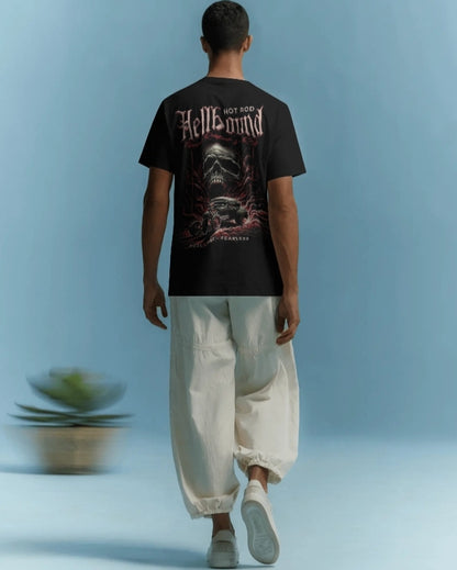 Luvoux: Hellbound Hot Rod T-Shirt – Grim Reaper’s Ride Edition down shoulder t-shirt for unisex & 100% cotton