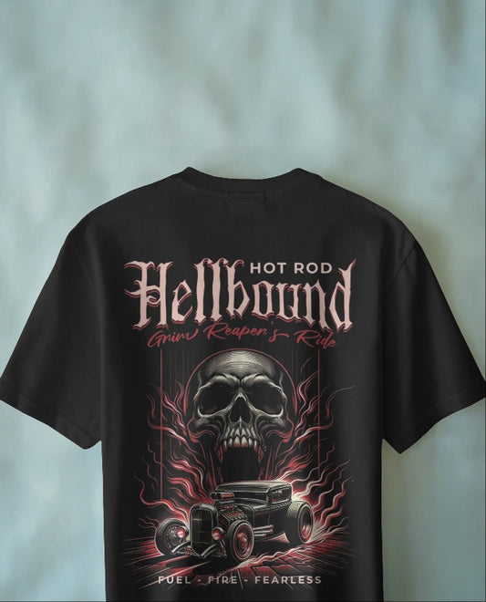 Luvoux: Hellbound Hot Rod T-Shirt – Grim Reaper’s Ride Edition down shoulder t-shirt for unisex & 100% cotton