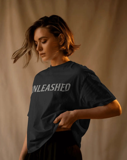 Luvoux: unleshed Dark AuraDown shoulder T-shirt– Shadow Warriors for unisex & 100% cotton